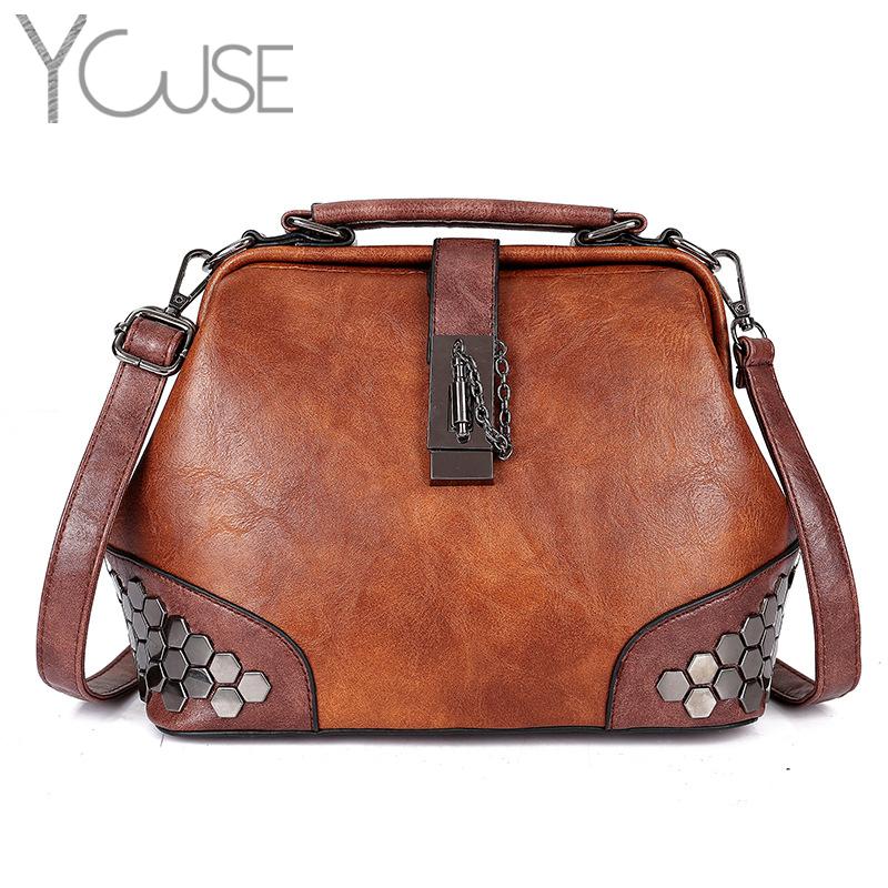 

Vintage Chain Rivet Contrast Color Lock Pendant Pu Leather Shoulder Bag Versatile Top-Handle Tote High Quality Crossbody Handbag, Black