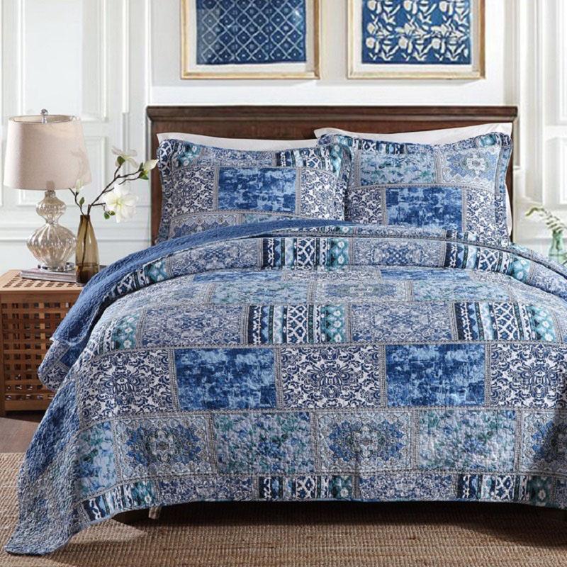 

CHAUSUB Denim Blue Bedspreads Quilt Set 3PCS Cotton Quilted Blanket on Bed with 2 Shams Queen Size Summer Coverlets