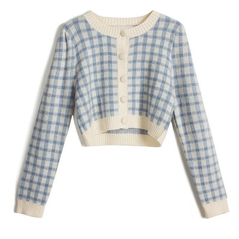 

Knitted Cardigan Ladies Plaid Cropped Women Sweater Single Breasted Long Sleeve Outerwear Korean Autumn Clothes, Blue