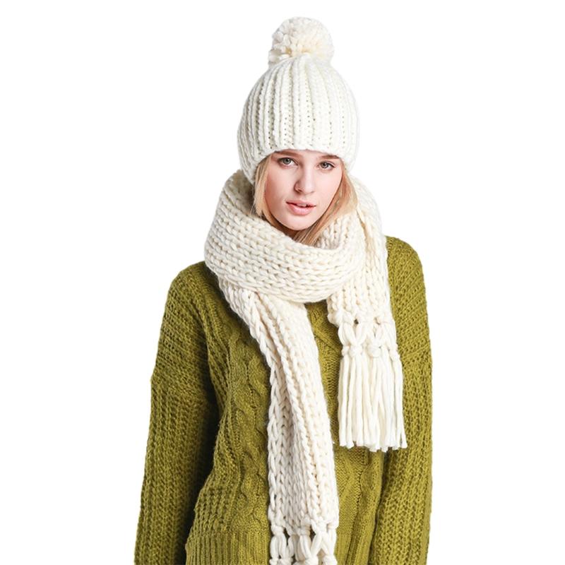

Women Winter 2Pcs Pompom Beanie Hat Tassels Long Scarf Set Solid Color Handmade Braided Cable Knit Skull Cap Neck Warmer