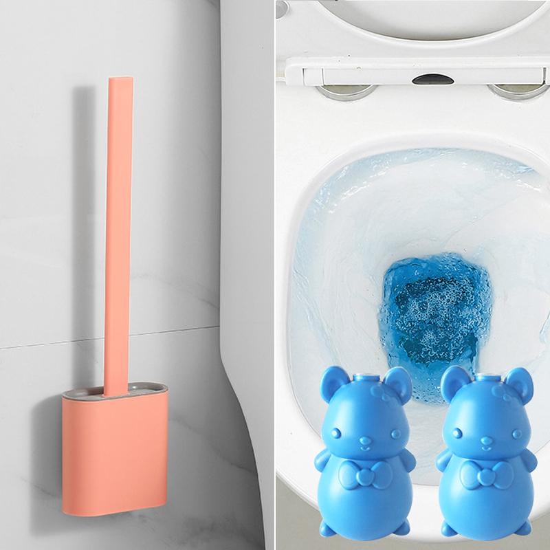

Silicone Toilet Brush Wall Mounted Flat Head Quick Drying Holder set for Bathroom Toilet Brush Flexible Soft Bristles