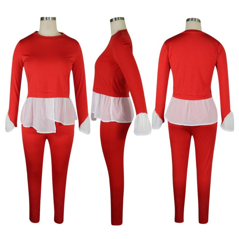 

Women Tracksuit 2 Piece Sets Wholesale Chiffon Patchwork Long Sleeve 2 Piece Pants Set TE-4152, Red