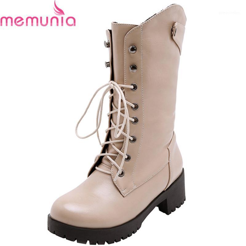 

MEMUNIA 2020 new arrival ankle boots women pu round toe autumn winter boots lace up square heels platform shoes big size 34-431, Beige
