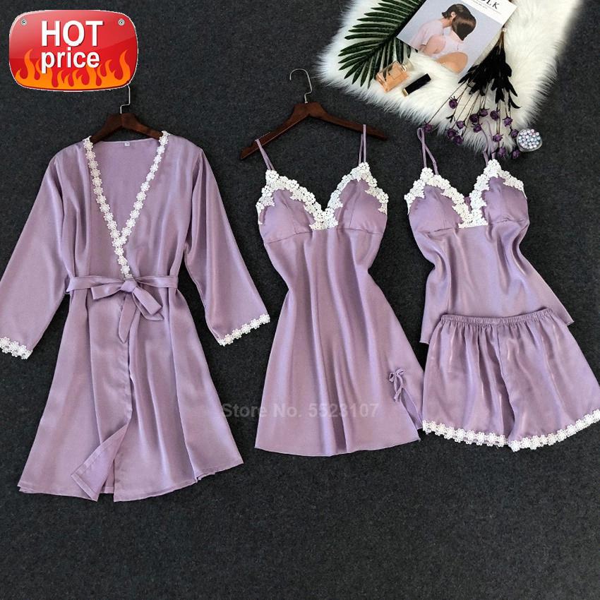 

4PCs Women Pajamas Set Bath Robe Silk Sexy Spaghetti Strap Top Shorts Clothing Set Female PJs Sleepwear Home Wear Suit #ix8k, Black;white