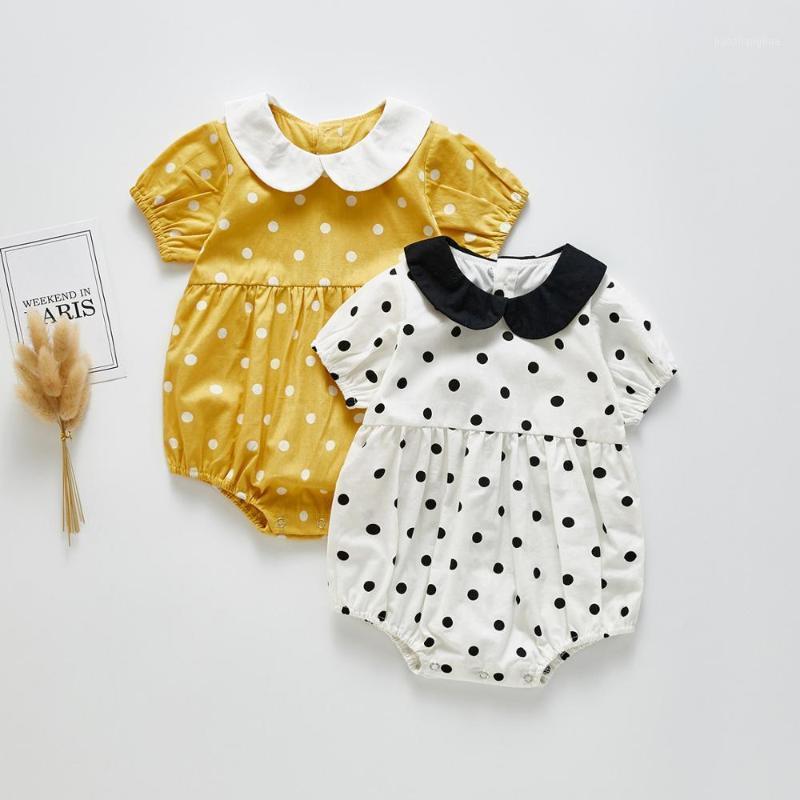 

summer jumpsuit Small lapel polka dot cotton short sleeve rompers toddler soft sweet girls boys rompers1, Beige