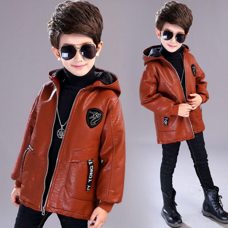 

Boy Winter Leather Jacket Children's Coat 2020 New Plus Velvet Thick Hooded Warm Boys Faux Leather Jackets Fashion Outerwear, Black