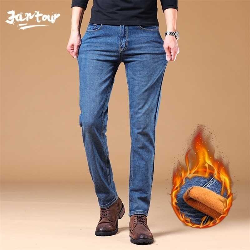 

Men Fashion Winter Jeans Men Black Slim Fit Stretch Thick Velvet Pants Warm Jeans Casual Fleece Trousers Male Plus Size -38-40 201111, Black-no fleece