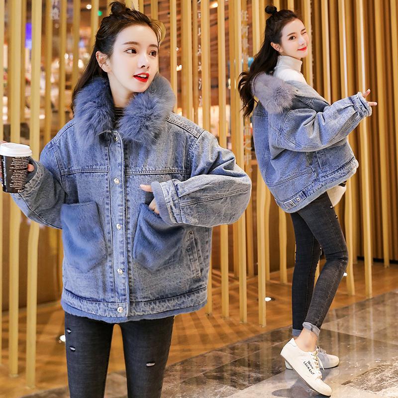

New in addition to velvet denim jean jacket skin coat 2020 Autumn and winter cotton-quilted parka female outerwear loose, Blue coat blue fur