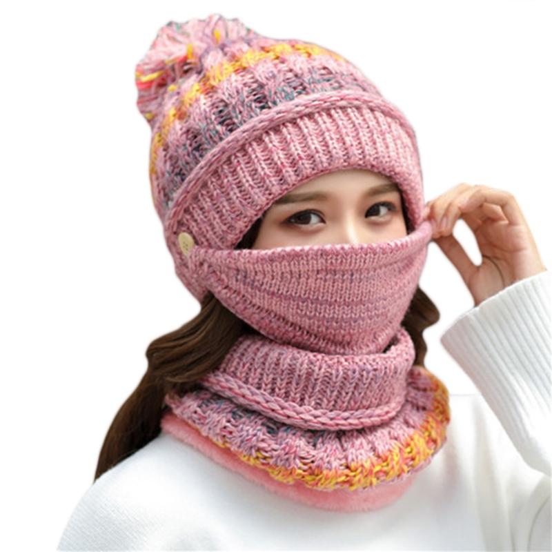 

Women Winter 3Pcs Pompom Beanie Hat Circle Scarf Face Mask Set Multicolor Striped Knit Skull Cap Plush Lined Neck Warmer, Bk