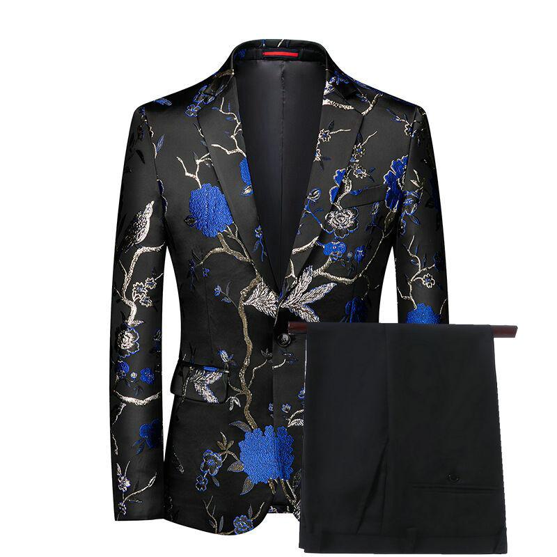 

2021 Blue Black Floral Tuxedo Suit Male Notch Collar Slim Fit Groom Dress Suits Mens Party Wedding Dinner Prom Terno Masculino, As picture