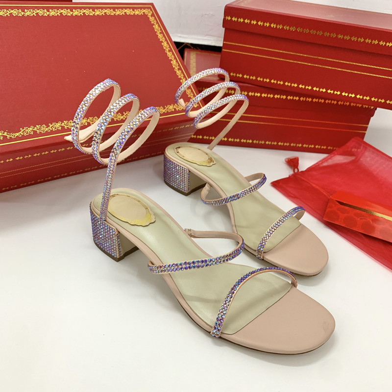 

Sandals Luxury Lady Designer Block Heel Sandal Rose Gold Snakelike Twining Rhinestone Heels Women Summer Rystal-embellished Heel Stilett, Shoes box