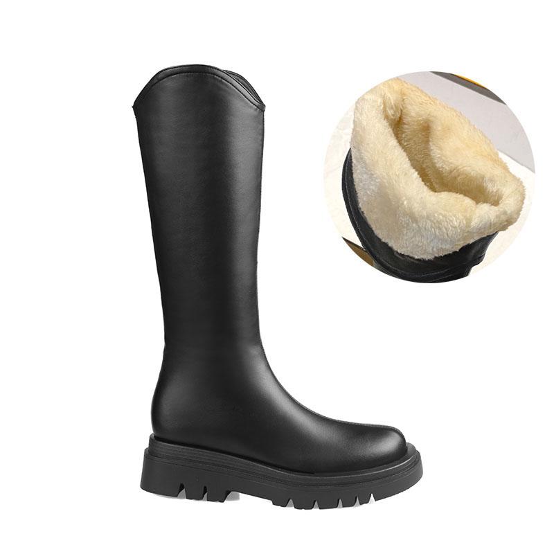 

2020 Winter Women Knee High Long Boots Round Toe Platform Chunky Heels Riding Equestrian Warm Boots Plush Fur Inside FT1305, Black