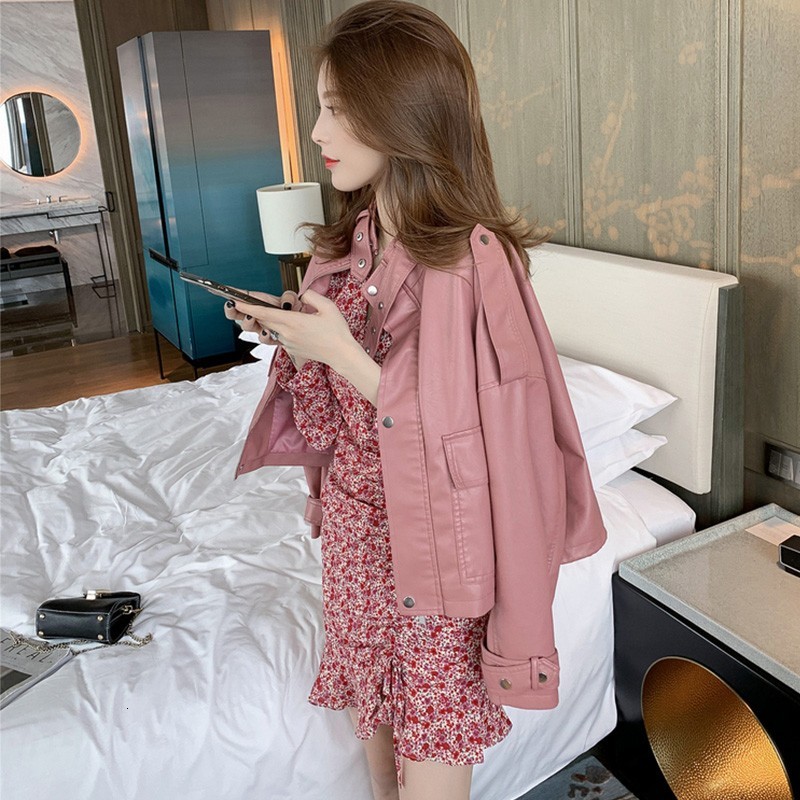 

2021 New Autumn Women Streetwear Pink Plutonium Female Leather Jacket Rider Get Turtled Coat E2ZI