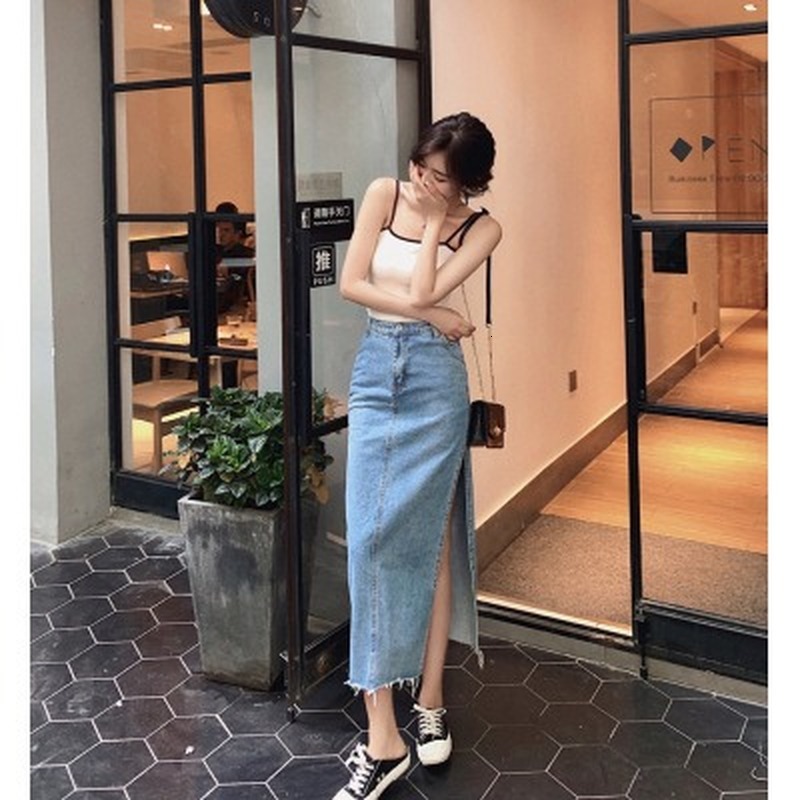 

2021 New sexy summer divide straight tube burr denim medium waist high thin with hip female skirt 1LES, Wathet