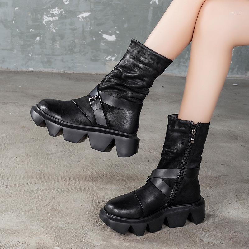 

YourSeason Ankle Platform Ladies Retro Shoes 2021 Plush Winter Handmade Concise Female Genuine Leather Zip Boots Round Toe1, Black