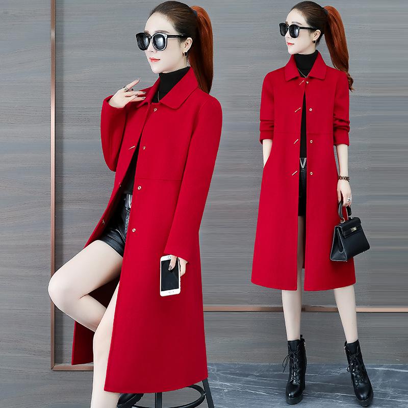 

S215830 women' tweed coat 2021 winter new slim Lapel solid color medium long temperament coat, Black