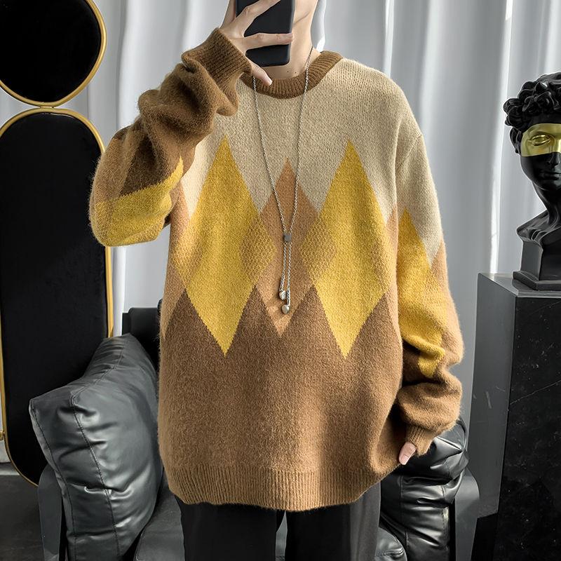 

Autumn Winter Plaid Sweater Men's Warm Fashion Retro Knitted Pullover Men Wild Loose Korean Contrast Sweater Mens Clothes -2XL, Gray