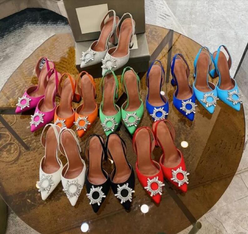 

Designer High Heel Sandals Pointed Toes Slides Slippers Sunflower Crystal Buckle Embellished Studded Sandal Summer Fashion Leather Sole, Color 19