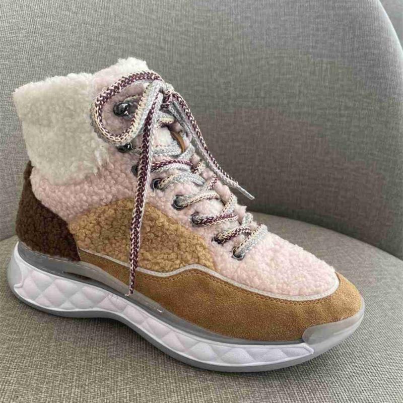

INS Fashion Sheepskin Lambs Wool Boot Breathable Air Cushion Leather Sneakers Thick Sole Lace Up Ankle Boots Winter Botas Femmes, As show