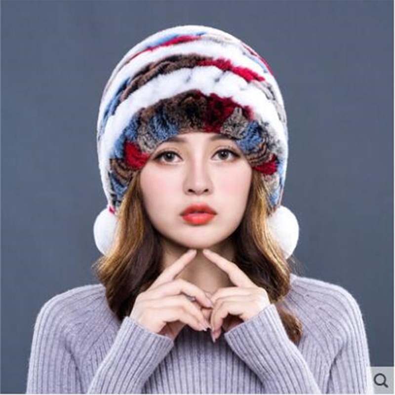 

Skin Rex Rabbit Female Winter Fur Outdoor Cycling Fabric Earmuffs Hat New Thick Hot Ball Cap E2sv, The picture