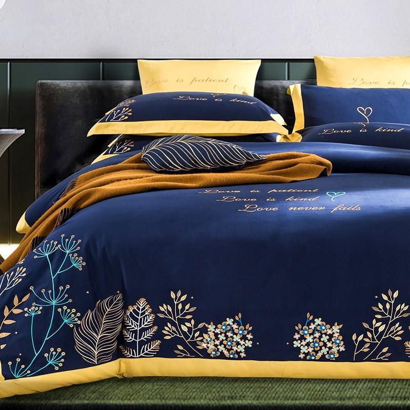 

Embroidery Duvet Cover 4 Pcs Ultra Soft Double Brushed 600TC Cotton Comforter Cover with Zipper Closure 1Bed Sheet 2Pillowcases, Color 6