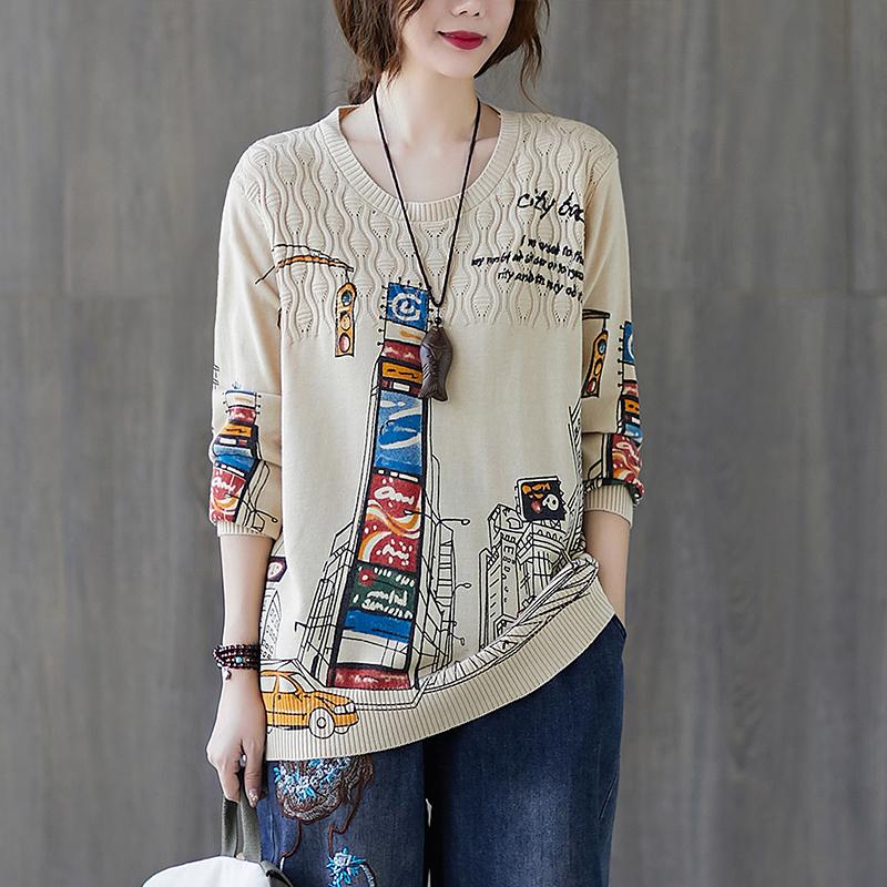 

Large Size Autumn Printed Knitted Pullovers O-neck Sweater Loose Casual Women Tops Fashion 4 Colors Long Sleeve, White
