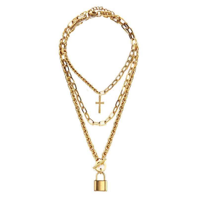 

Chokers Punk High Quality Stainless Steel Cuban Link Chain Choker Necklaces Multilayer Padlock Cross Pendants Hip Hop Men Women Jewelry