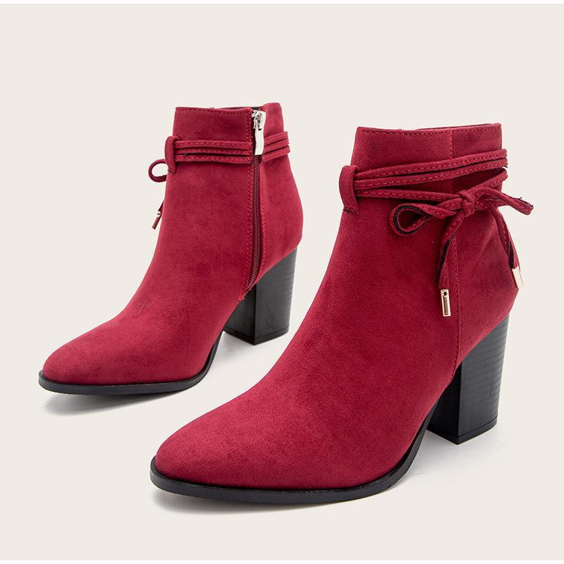 

Winter Shoes Women Ankle Boots Woman Bowtie Zipper Flock Thick High Heel Pointed Toe Solid Elegant Ladies Fashion Red Female1