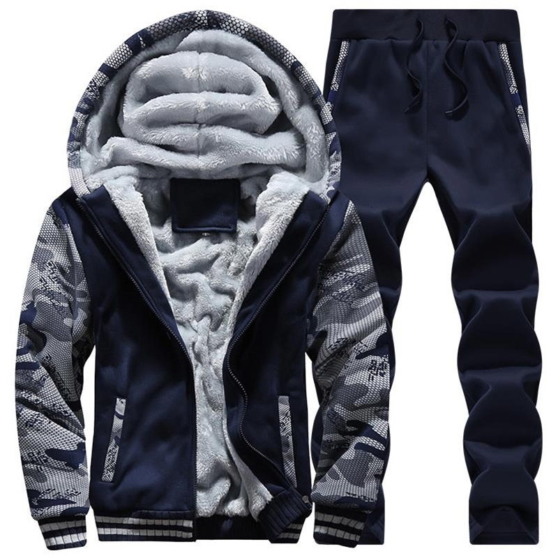 

Causal Tracksuits Men Sets Hooded Thicken Fleece Hoodies + Sweatpant Winter Spring Sweatshirt Sportswear Male Letter Print 201201, D75 dark blue