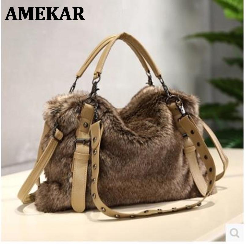 

New Handbags Designer Faux Fur Brand Female Messenger Bag Fashion Casual Women Shoulder Tote Bags Plush, Picture color