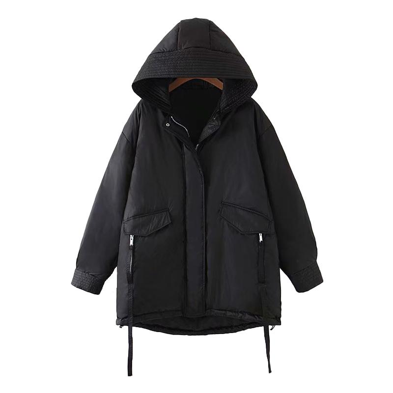 

Elina Winter Hooded Parkas Women Fashion Black Zipper Coats Women Elegant Loose Pockets A Line Cotton Jackets Female Ladies