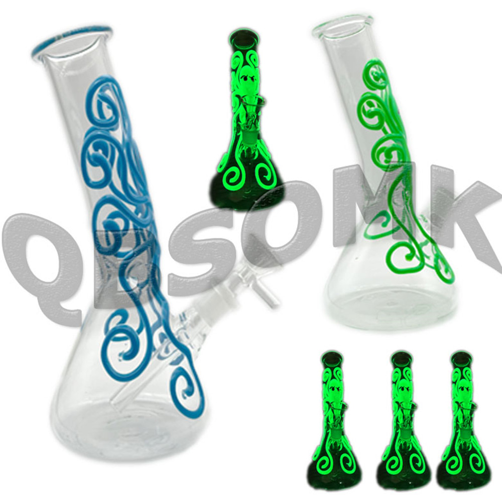 

QBsomk Fluorescence octopus pattern pyrex beaker bong glass water pipe bong oil rig recycler bong double filter dab rig