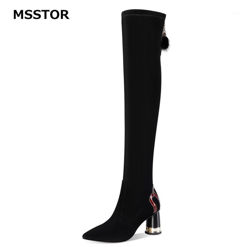 

Mixed Colors Knee High Boots Women Fur Concise Sexy Party Slip-On High Heel Boots Women Pointed Toe Black Shoes Thick Heel1