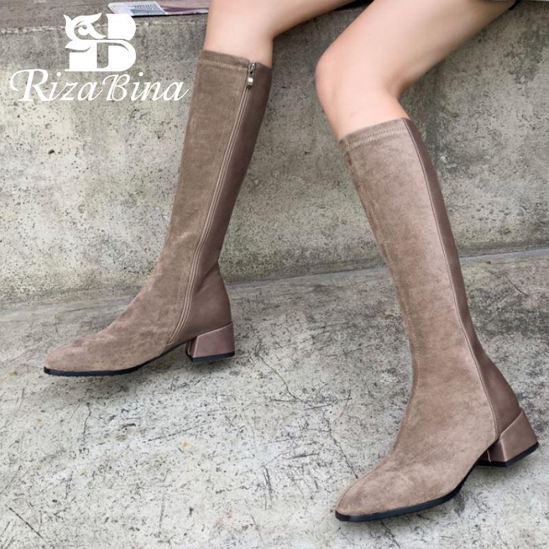 

RIZABINA Size 31-43 Women Knee Boots Thick Heel Square Toe Side Zipper Shoes Winter Warm Boots Women Office Casual Footwear, Black