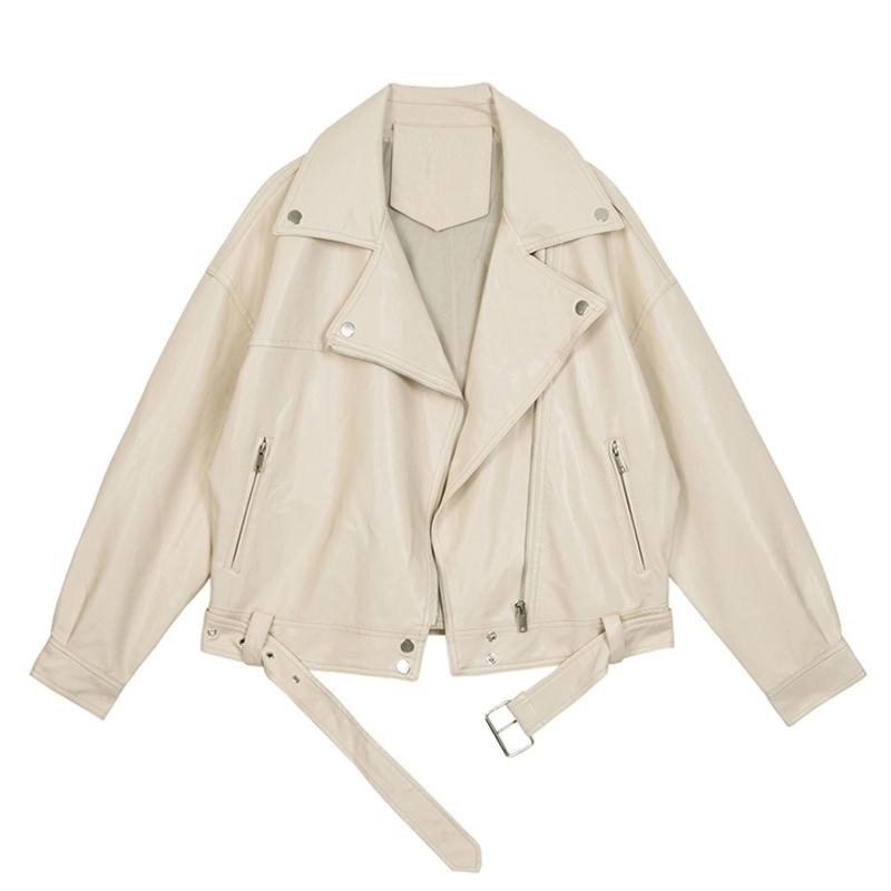 

Female With Belt Solid Color Lady Loose Casual BF Style Coat Outwear fashion 2021 New Autumn Women Pu Leather Motorcycle Jacket, Beige