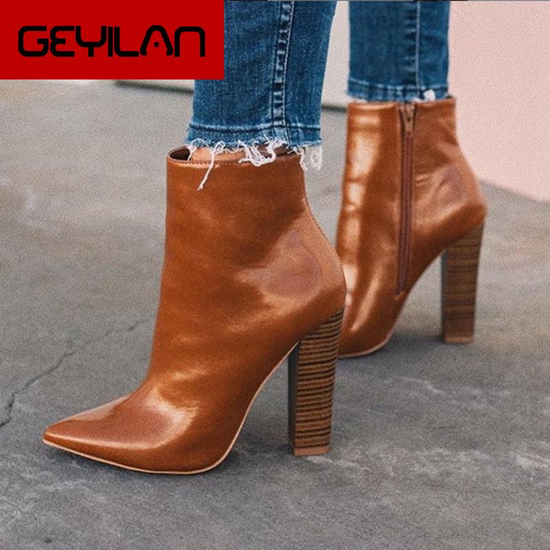 

2020 Plus Size Women Ankle Brown Boots 10cm High Heels Fetish Stripper Autumn Boots Prom Thick Block Heels Chunky Zip Sexy Shoes