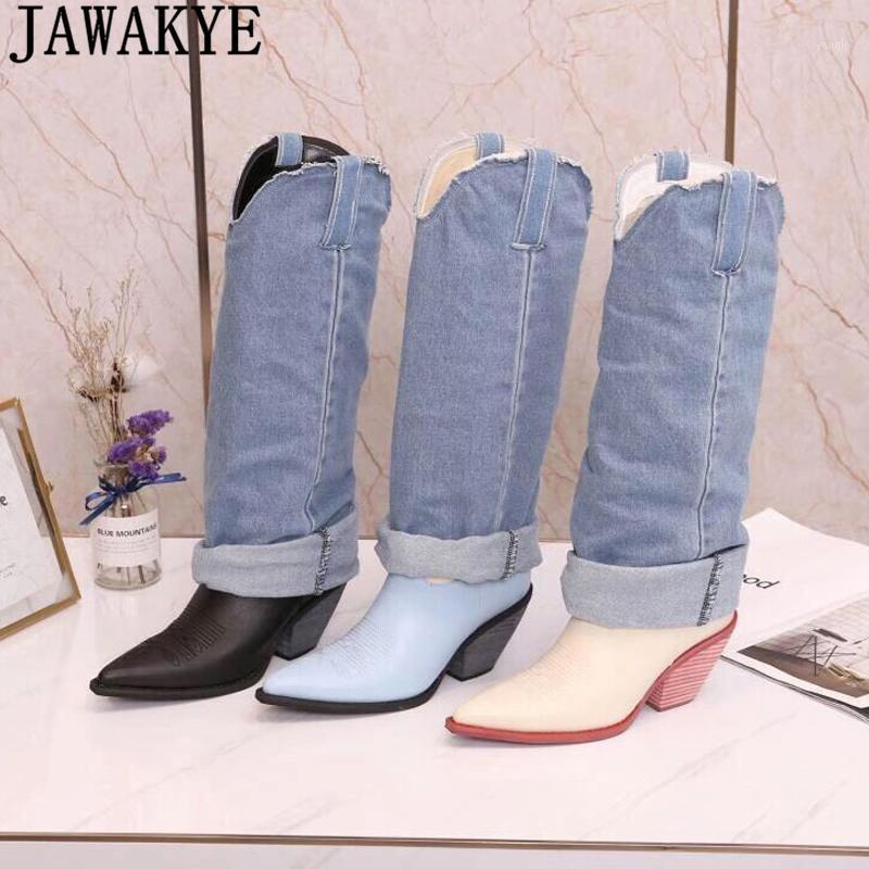 

JAWAKYE Carved Denim jean women's Knee high Boots pointy toe Chunky heels Leather Winter Shoes Cowboy Knight Boots botas mujer1, Blue