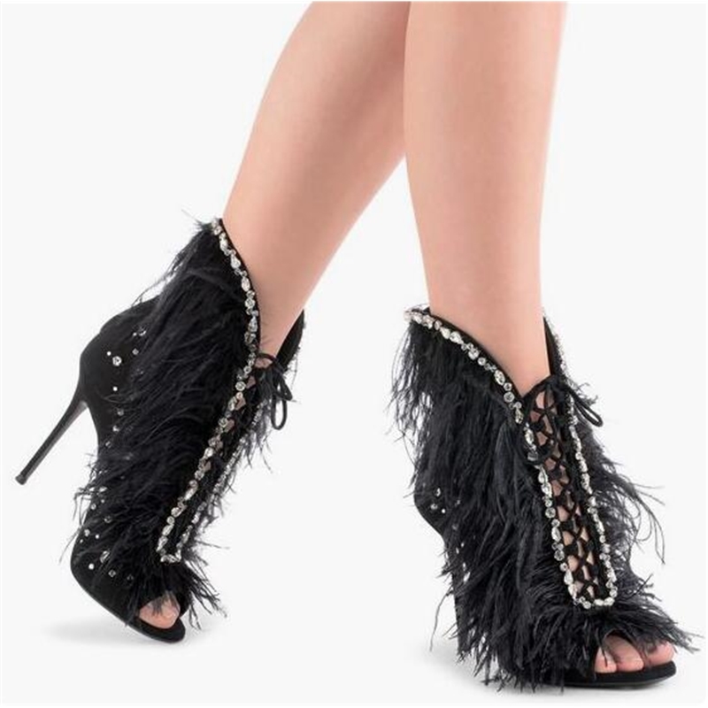 

Slash Spring Feather Strass Edge Women Lace Up Ankle Sexy Ladies High Heels Fashion Suede Crystal Boots 98vv, The picture