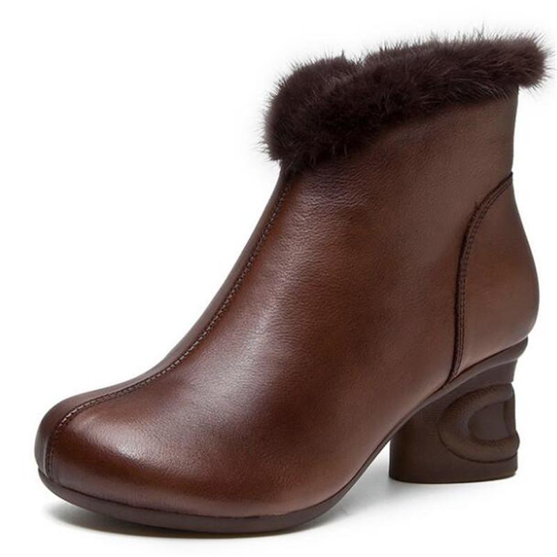 

Top Cowhide Real Fur Decoration Fashion Boots Women Boots Comfort Wild High Heels Women Leather Shoes Ankle Winter, Black
