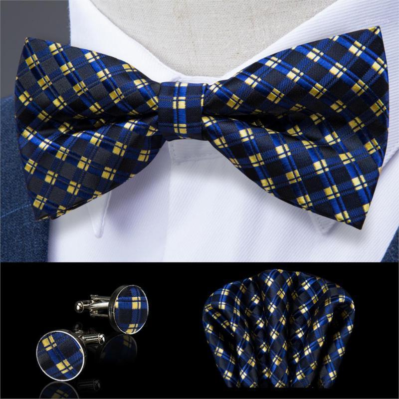 

Yellow Blue Plaid Butterfly Silk Self Bowtie For Men Wedding Bowtie Hanky Cufflinks Set Neckwear Men Tie DiBanGu Designer JM-1081