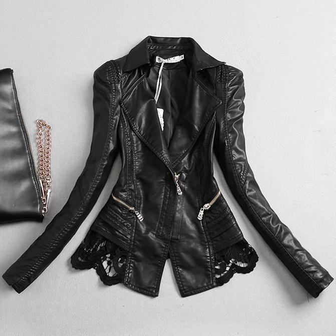 

Plus Size 4XL! Autumn Leather Jacket Women Short Black Lace Pu Leather slim Motorcycle Outwear