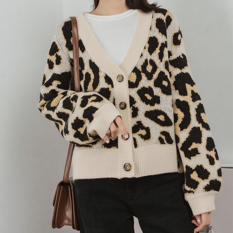 

Women Sweater Autumn and Winter New Style V-neck Women Cardigan Loose Leopard Alpaca Wool Sweater, As pic
