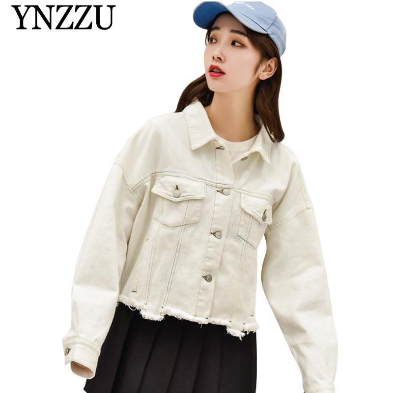 

YNZZU 2020 new arrival white denim jacket Short Oversize turn down collar women jackets Causal loose female outerwear YO806, Beige