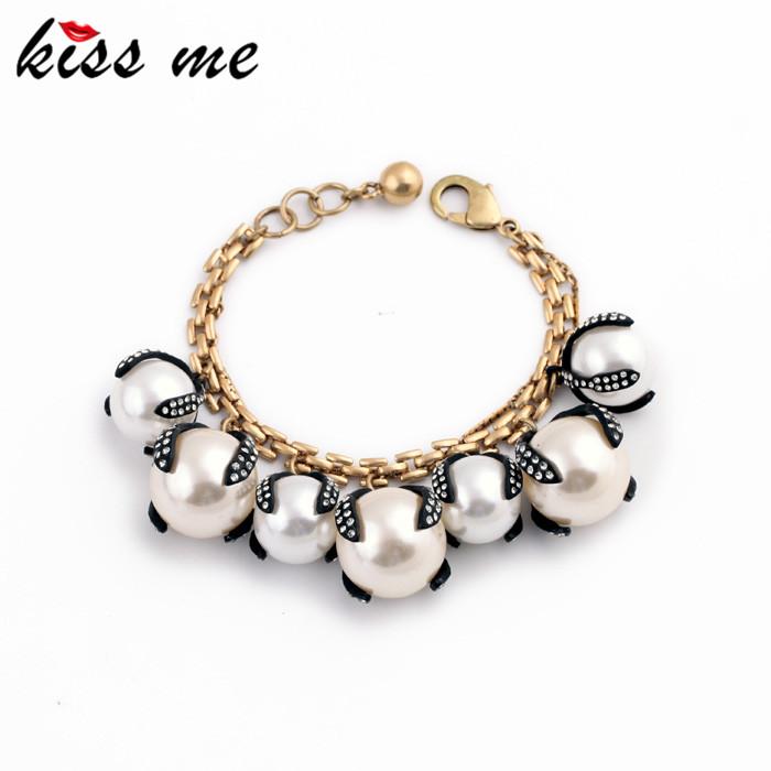 

Women Fashion Luxury Glass Crystal Simulated Pearl Charm Bracelet Jewelry KISS ME Party Dress Accessories