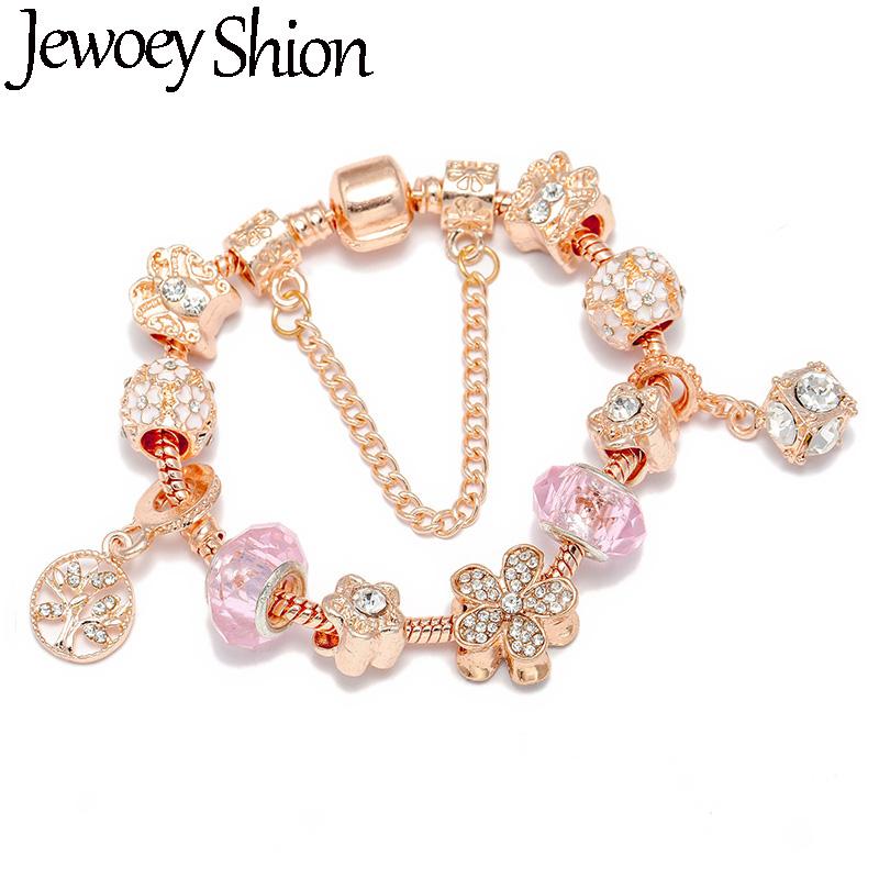 

Jewoey Shion High Quality European Charm Bracelet With Tree Pendant & Pink Glass Beads Fits Brand Bracelet Jewelry Gift