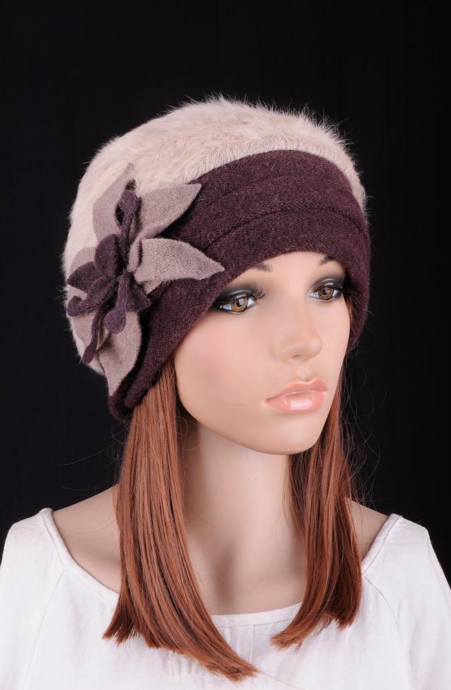 

M604 Cute Flower Winter Warm Beige Fur & Wool Brown Brim Fashion Women's Dress Hat Beanie Cap Pick Color, As pic