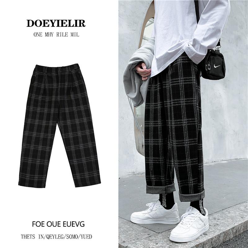 

Winter Thick Plaid Pants Men' Warm Fashion Retro Casual Pants Men Streetwear Loose Hip-hop Straight Wide-leg Mens -3XL, Black