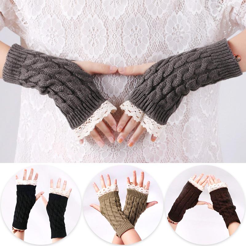 

Beautiful Lace Extended Wrist Protector Winter Lady Warm Wool Knitted Half-Finger Gloves Fashion Women Soft Fingerless Mittens