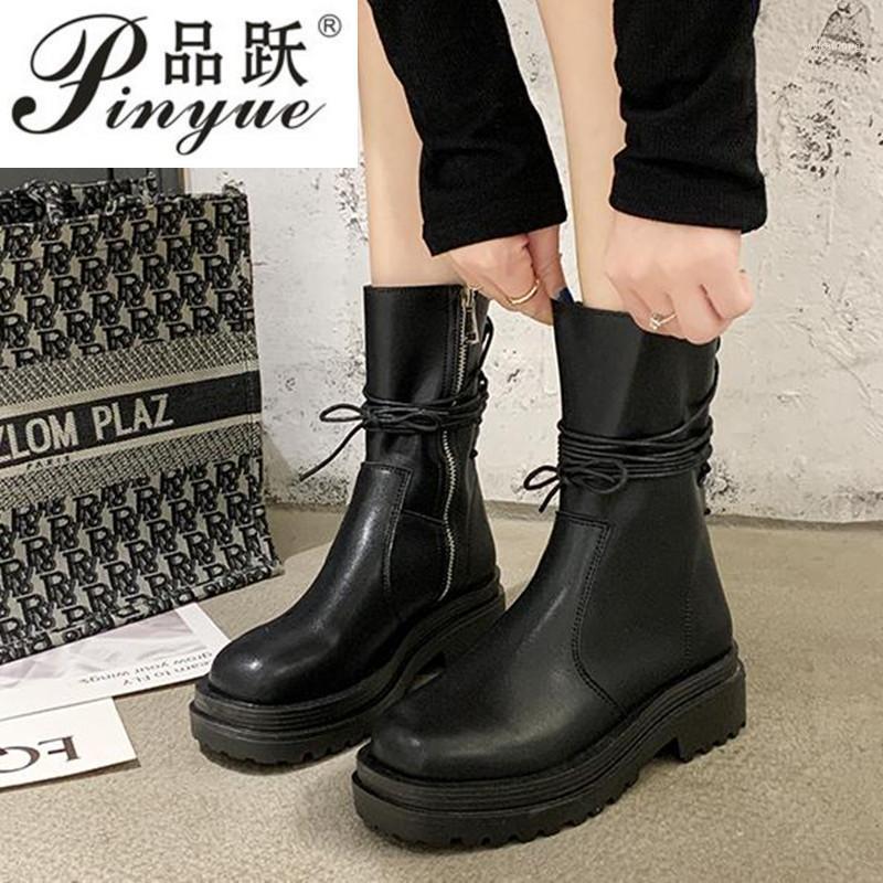 

Round Toe Flat Heel Boots Women New 2020 Rock Shoes Woman Low Heels booties Summer Booties Zipper Luxury Designer Rubber Ladies1, Black
