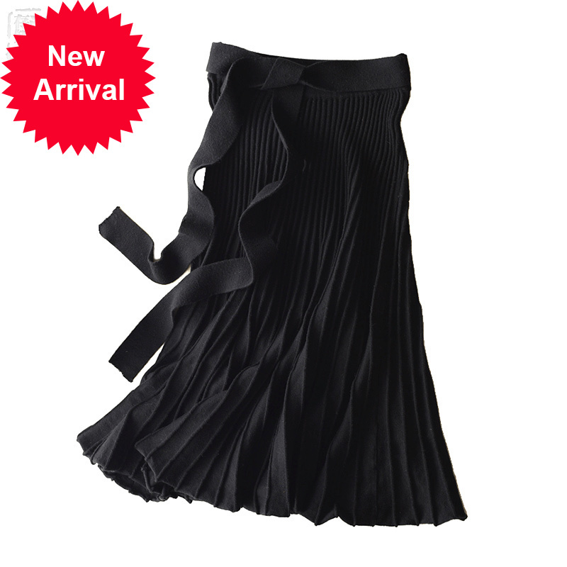 

2021 New New Autumn Knitted Wool Plied Elegant Mid-claf Skirt Black Grey Ribs Female Mesh Strain Waistline #1306 Ld2b, Dark gray.
